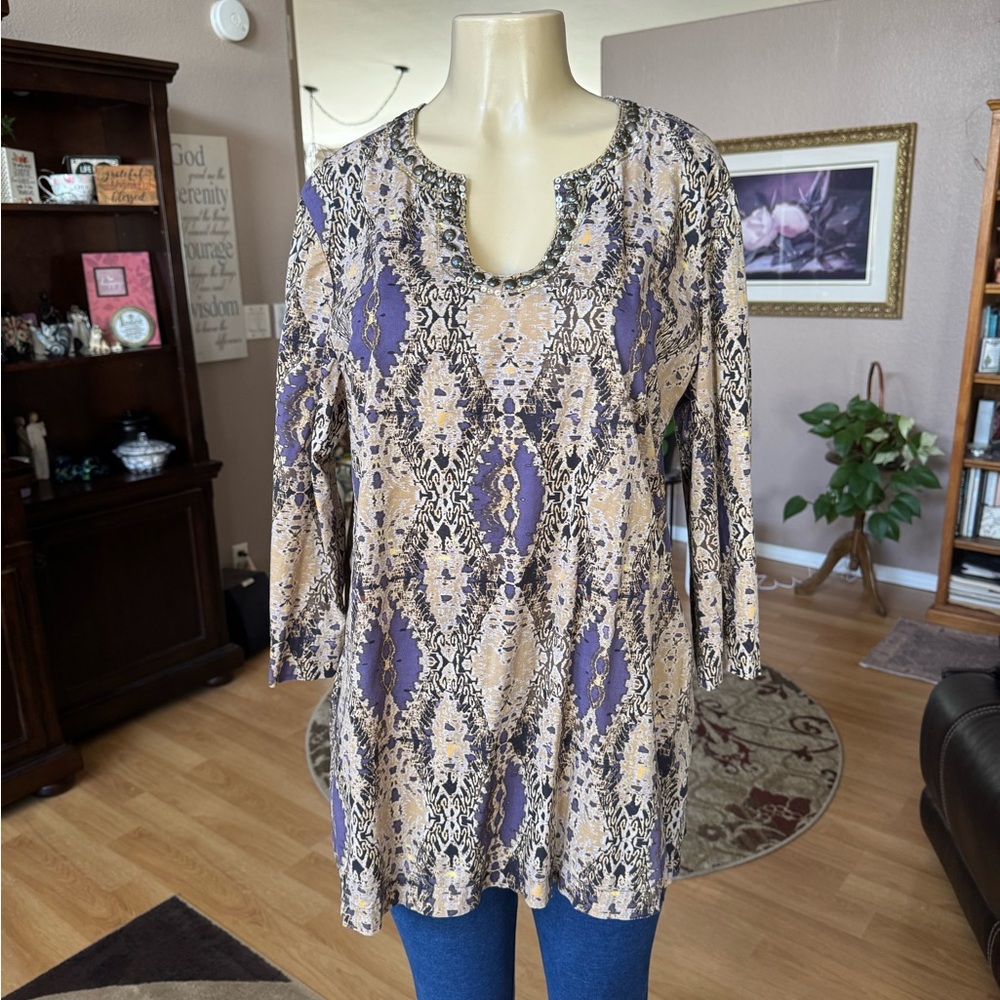 Dana Buchman shades of brown, cream & purple tunic-size L